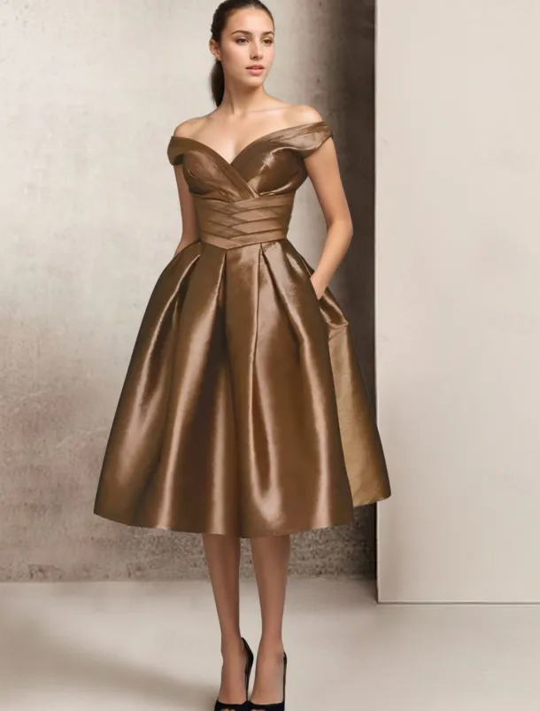 A-Line Cocktail Dresses Elegant Dress Wedding Guest Tea Length Short Sleeve V Neck Pocket Satin with Ruched Dresses
