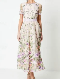 A-Line Cocktail Dresses Elegant Dress Semi Formal Wedding Tea Length Short Sleeve Crew Neck Lace with Floral Embroidery