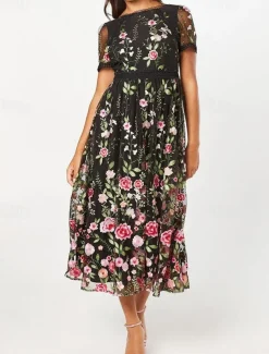 A-Line Cocktail Dresses Elegant Dress Semi Formal Wedding Tea Length Short Sleeve Crew Neck Lace with Floral Embroidery