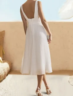 A-Line Cocktail Dresses Elegant Dress Formal Wedding Guest Tea Length Sleeveless V Neck Chiffon with Ruched Pure Color Dresses