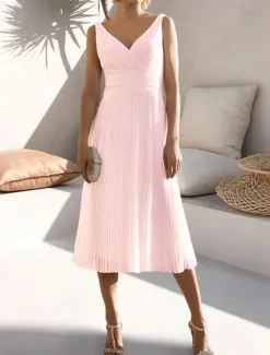 A-Line Cocktail Dresses Elegant Dress Formal Wedding Guest Tea Length Sleeveless V Neck Chiffon with Ruched Pure Color Dresses