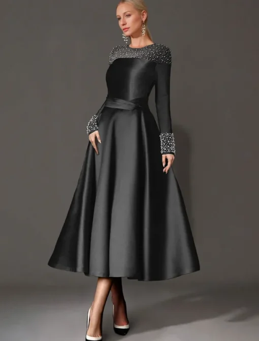 A-Line Cocktail Dresses Elegant Dress Formal Tea Length Long Sleeve Jewel Neck Satin with Pearls Dresses