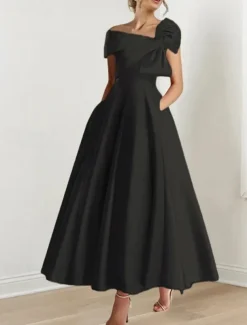 A-Line Cocktail Dresses Elegant Dress Formal Wedding Guest Ankle Length Short Sleeve One ShoulderDress Satin with Bow(s)