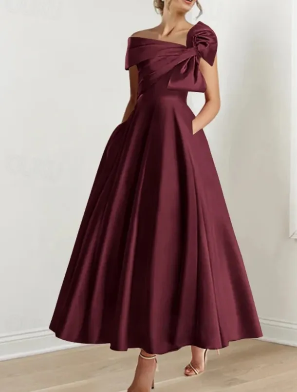 A-Line Cocktail Dresses Elegant Dress Formal Wedding Guest Ankle Length Short Sleeve One ShoulderDress Satin with Bow(s)
