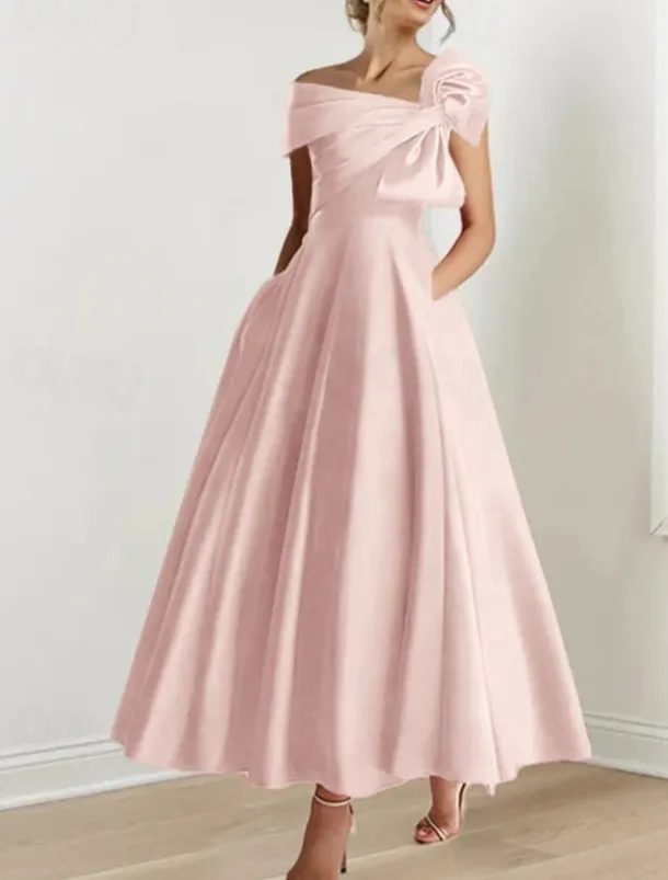 A-Line Cocktail Dresses Elegant Dress Formal Wedding Guest Ankle Length Short Sleeve One ShoulderDress Satin with Bow(s)