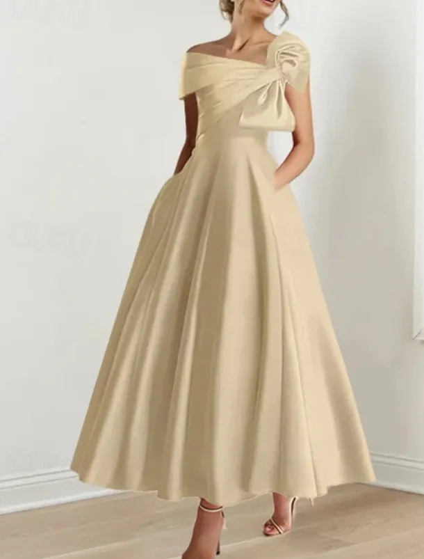 A-Line Cocktail Dresses Elegant Dress Formal Wedding Guest Ankle Length Short Sleeve One ShoulderDress Satin with Bow(s)