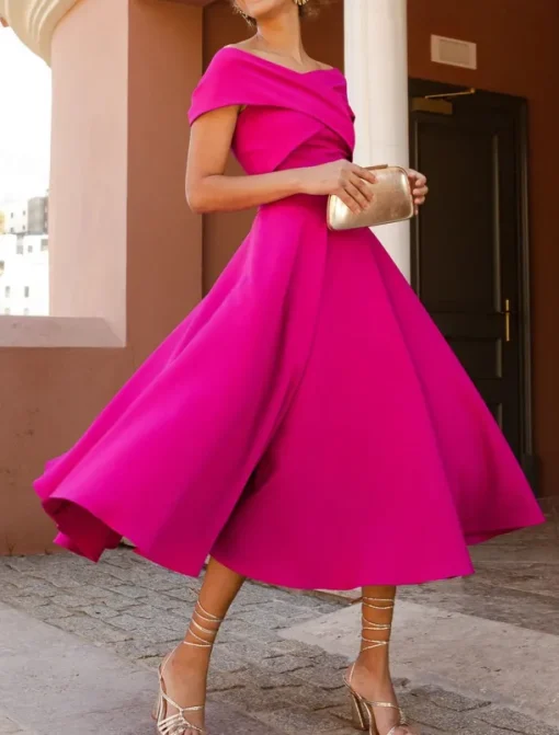 A-Line Cocktail Dresses Elegant Dress Tea Length Sleeveless Off Shoulder Fall Wedding Guest Stretch Fabric with Ruched Dresses