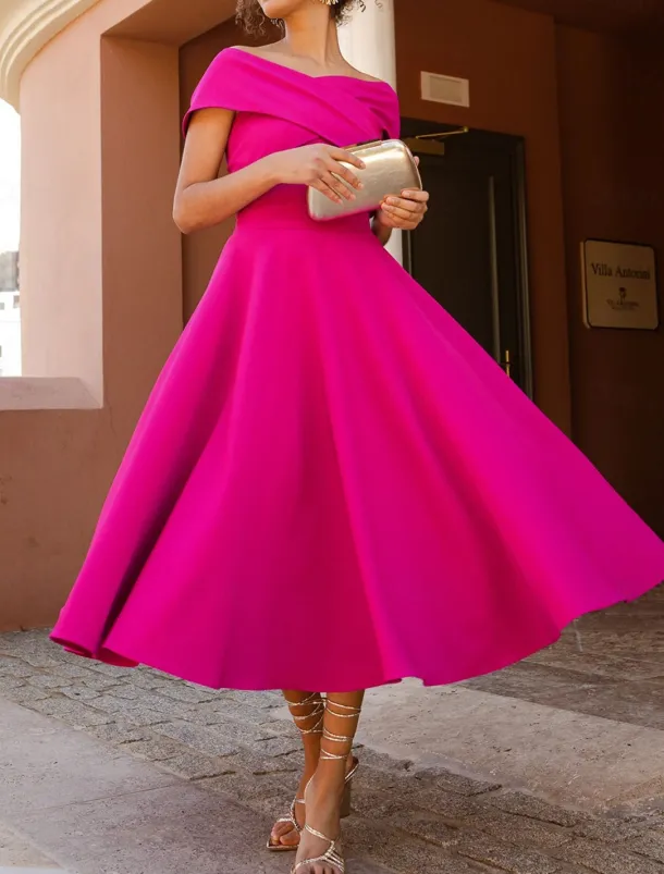 A-Line Cocktail Dresses Elegant Dress Tea Length Sleeveless Off Shoulder Fall Wedding Guest Stretch Fabric with Ruched Dresses
