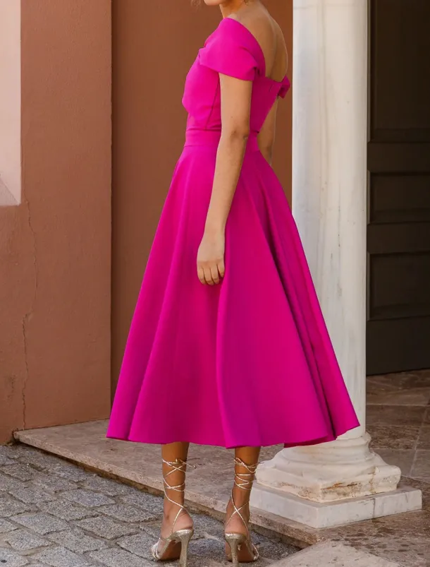 A-Line Cocktail Dresses Elegant Dress Tea Length Sleeveless Off Shoulder Fall Wedding Guest Stretch Fabric with Ruched Dresses