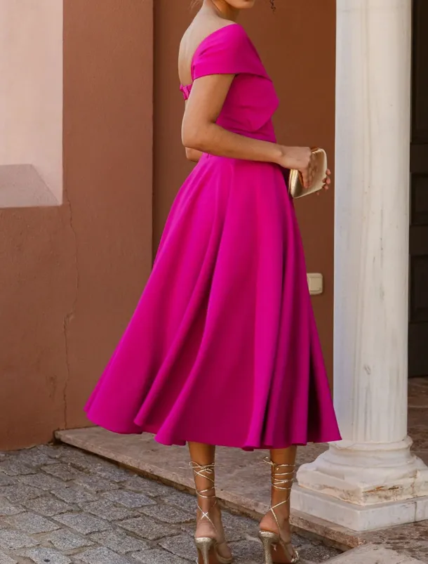 A-Line Cocktail Dresses Elegant Dress Tea Length Sleeveless Off Shoulder Fall Wedding Guest Stretch Fabric with Ruched Dresses