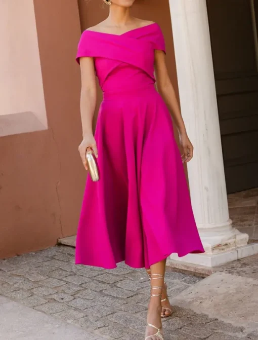 A-Line Cocktail Dresses Elegant Dress Tea Length Sleeveless Off Shoulder Fall Wedding Guest Stretch Fabric with Ruched Dresses