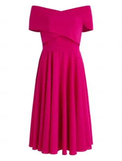 A-Line Cocktail Dresses Elegant Dress Tea Length Sleeveless Off Shoulder Fall Wedding Guest Stretch Fabric with Ruched Dresses
