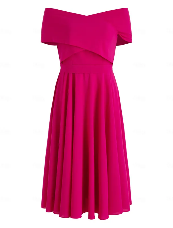 A-Line Cocktail Dresses Elegant Dress Tea Length Sleeveless Off Shoulder Fall Wedding Guest Stretch Fabric with Ruched Dresses