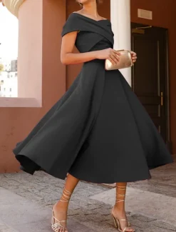 A-Line Cocktail Dresses Elegant Dress Tea Length Sleeveless Off Shoulder Fall Wedding Guest Stretch Fabric with Ruched Dresses