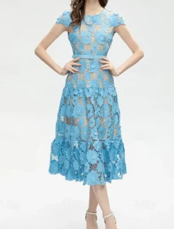 A-Line Cocktail Dresses Elegant Dress Wedding Guest Holiday Tea Length Short Sleeve Crew Neck Lace with Floral Lace