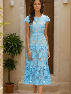 A-Line Cocktail Dresses Elegant Dress Wedding Guest Holiday Tea Length Short Sleeve Crew Neck Lace with Floral Lace