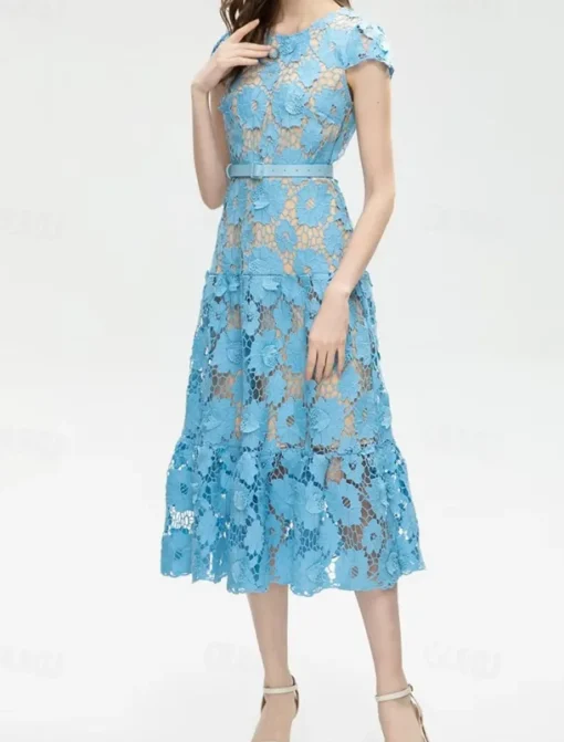 A-Line Cocktail Dresses Elegant Dress Wedding Guest Holiday Tea Length Short Sleeve Crew Neck Lace with Floral Lace