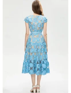 A-Line Cocktail Dresses Elegant Dress Wedding Guest Holiday Tea Length Short Sleeve Crew Neck Lace with Floral Lace