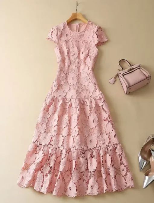 A-Line Cocktail Dresses Elegant Dress Wedding Guest Holiday Tea Length Short Sleeve Crew Neck Lace with Floral Lace