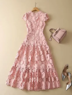 A-Line Cocktail Dresses Elegant Dress Wedding Guest Holiday Tea Length Short Sleeve Crew Neck Lace with Floral Lace