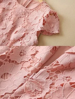 A-Line Cocktail Dresses Elegant Dress Wedding Guest Holiday Tea Length Short Sleeve Crew Neck Lace with Floral Lace