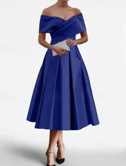 A-Line Cocktail Dresses Elegant Dress Formal Wedding Tea Length Off Shoulder Stretch Satin with Pleats Ruched 2025