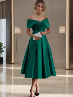 A-Line Cocktail Dresses Elegant Dress Formal Wedding Tea Length Off Shoulder Stretch Satin with Pleats Ruched 2025