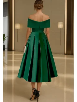 A-Line Cocktail Dresses Elegant Dress Formal Wedding Tea Length Off Shoulder Stretch Satin with Pleats Ruched 2025