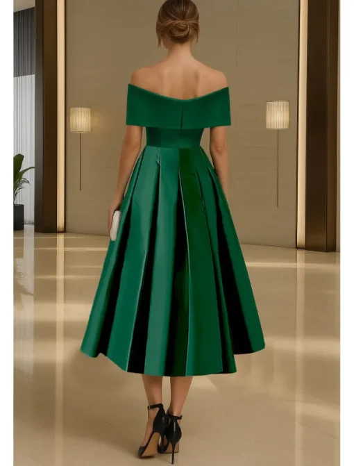 A-Line Cocktail Dresses Elegant Dress Formal Wedding Tea Length Off Shoulder Stretch Satin with Pleats Ruched 2025