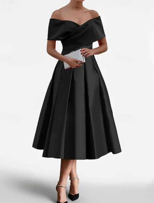 A-Line Cocktail Dresses Elegant Dress Formal Wedding Tea Length Off Shoulder Stretch Satin with Pleats Ruched 2025