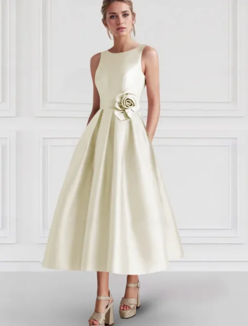 A-Line Cocktail Dresses Elegant Dress Formal Wedding Guest Ankle Length Sleeveless Boat Neck Pocket Satin with Floral Print Pocket Dresses