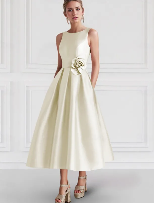A-Line Cocktail Dresses Elegant Dress Formal Wedding Guest Ankle Length Sleeveless Boat Neck Pocket Satin with Floral Print Pocket Dresses