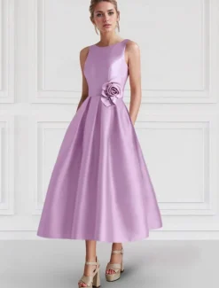 A-Line Cocktail Dresses Elegant Dress Formal Wedding Guest Ankle Length Sleeveless Boat Neck Pocket Satin with Floral Print Pocket Dresses