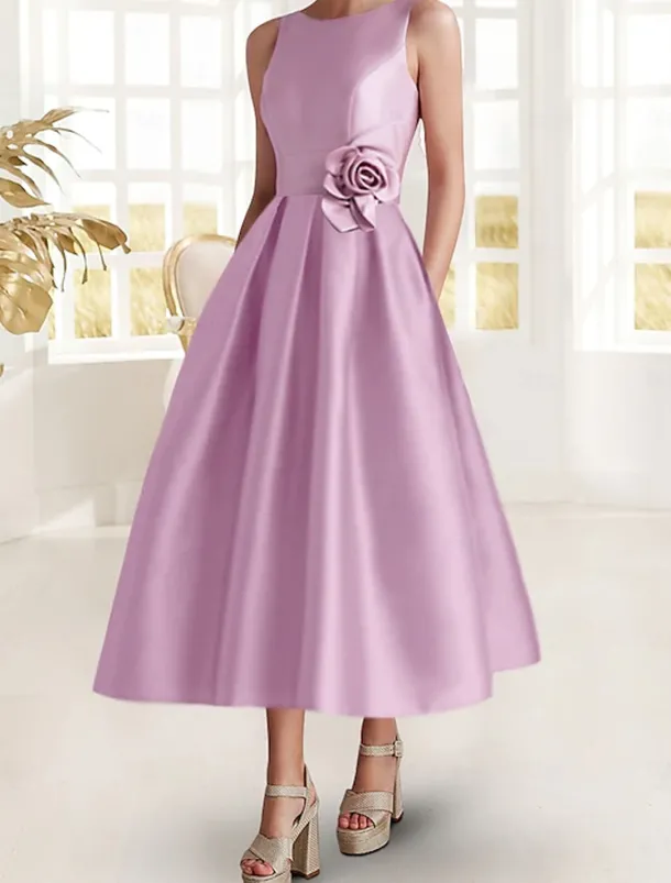 A-Line Cocktail Dresses Elegant Dress Formal Wedding Guest Ankle Length Sleeveless Boat Neck Pocket Satin with Floral Print Pocket Dresses