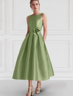 A-Line Cocktail Dresses Elegant Dress Formal Wedding Guest Ankle Length Sleeveless Boat Neck Pocket Satin with Floral Print Pocket Dresses