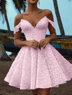 A-Line Cocktail Dresses Elegant Dress Wedding Cocktail Party Short / Mini Short Sleeve V Neck Fall Wedding Reception Lace with Embroidery