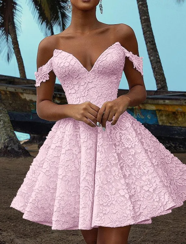 A-Line Cocktail Dresses Elegant Dress Wedding Cocktail Party Short / Mini Short Sleeve V Neck Fall Wedding Reception Lace with Embroidery