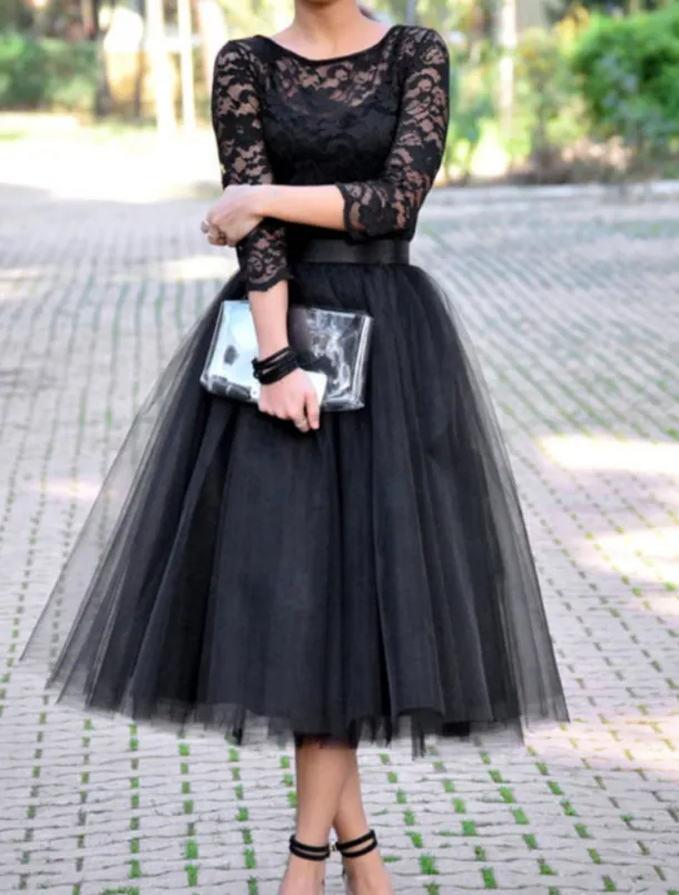 A-Line Cocktail Dresses Elegant Dress Ankle Length 3/4 Length Sleeve Jewel Neck Fall Wedding Guest Tulle with Pleats Lace Insert Dresses