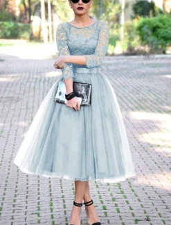 A-Line Cocktail Dresses Elegant Dress Ankle Length 3/4 Length Sleeve Jewel Neck Fall Wedding Guest Tulle with Pleats Lace Insert Dresses