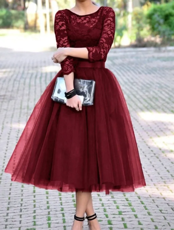 A-Line Cocktail Dresses Elegant Dress Ankle Length 3/4 Length Sleeve Jewel Neck Fall Wedding Guest Tulle with Pleats Lace Insert Dresses