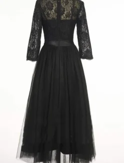 A-Line Cocktail Dresses Elegant Dress Ankle Length 3/4 Length Sleeve Jewel Neck Fall Wedding Guest Tulle with Pleats Lace Insert Dresses