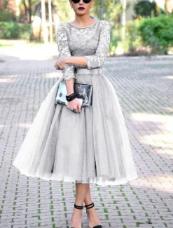 A-Line Cocktail Dresses Elegant Dress Ankle Length 3/4 Length Sleeve Jewel Neck Fall Wedding Guest Tulle with Pleats Lace Insert Dresses