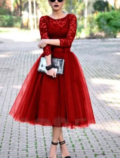 A-Line Cocktail Dresses Elegant Dress Ankle Length 3/4 Length Sleeve Jewel Neck Fall Wedding Guest Tulle with Pleats Lace Insert Dresses