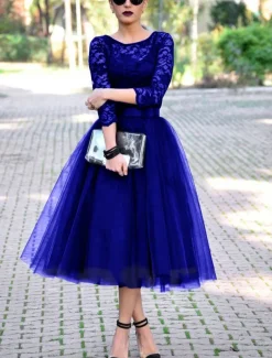 A-Line Cocktail Dresses Elegant Dress Ankle Length 3/4 Length Sleeve Jewel Neck Fall Wedding Guest Tulle with Pleats Lace Insert Dresses
