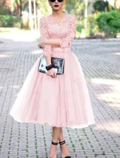 A-Line Cocktail Dresses Elegant Dress Ankle Length 3/4 Length Sleeve Jewel Neck Fall Wedding Guest Tulle with Pleats Lace Insert Dresses