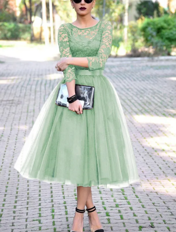 A-Line Cocktail Dresses Elegant Dress Ankle Length 3/4 Length Sleeve Jewel Neck Fall Wedding Guest Tulle with Pleats Lace Insert Dresses