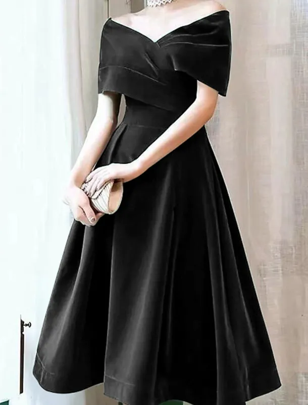 A-Line Cocktail Dresses Elegant Dress Wedding Guest Knee Length Short Sleeve Off Shoulder Velvet with Pleats Pure Color Dresses
