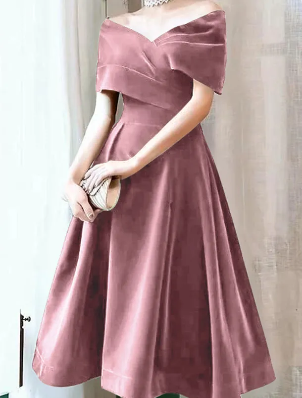 A-Line Cocktail Dresses Elegant Dress Wedding Guest Knee Length Short Sleeve Off Shoulder Velvet with Pleats Pure Color Dresses