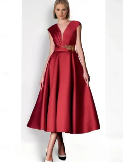 A-Line Cocktail Dresses Elegant Dress Formal Tea Length Sleeveless V Neck Belt / Sash Satin with Rhinestone Dresses