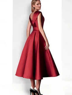 A-Line Cocktail Dresses Elegant Dress Formal Tea Length Sleeveless V Neck Belt / Sash Satin with Rhinestone Dresses